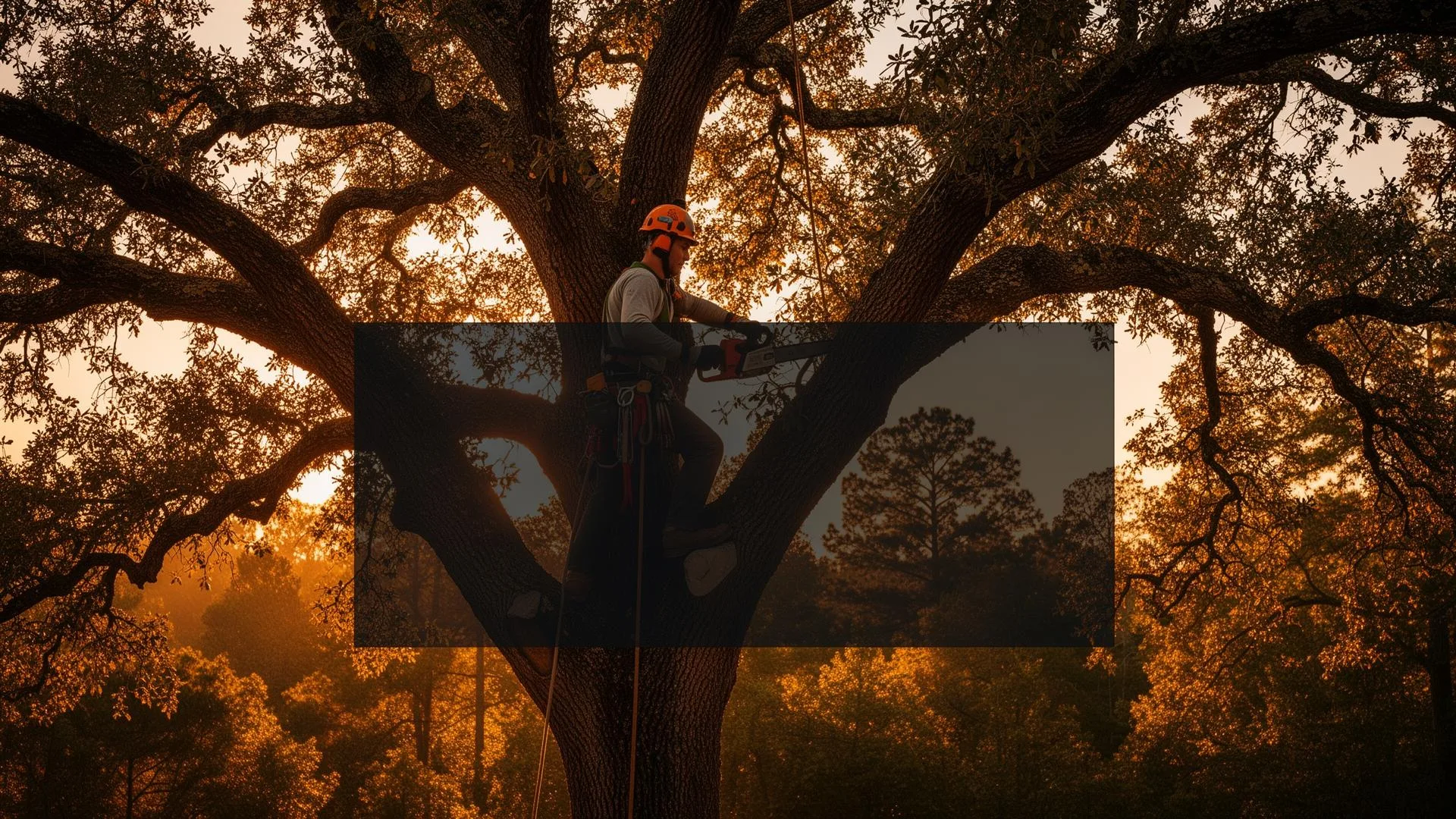Macon tree service crew performing tree trimming on a large oak in Macon, GA